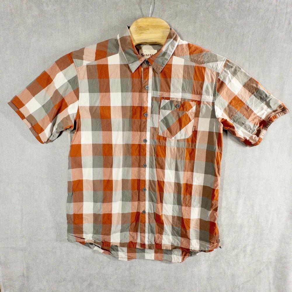 Simms Fishing Button Up Western Shirt Womens XL Red Gray Plaid Outdoors Gorpcore